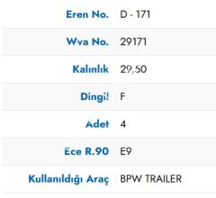 EREN BPW Disk Fren Balatası 0509290230 29171