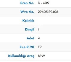 EREN  Disk Fren Balatası YM BPW  MİDİLLİ TS2 3709 29405 09.801.08.72.0 0980108720