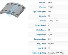 EREN BPW Fren Balatası 5689 SN4218 18MM  09.801.07.41.0  19032